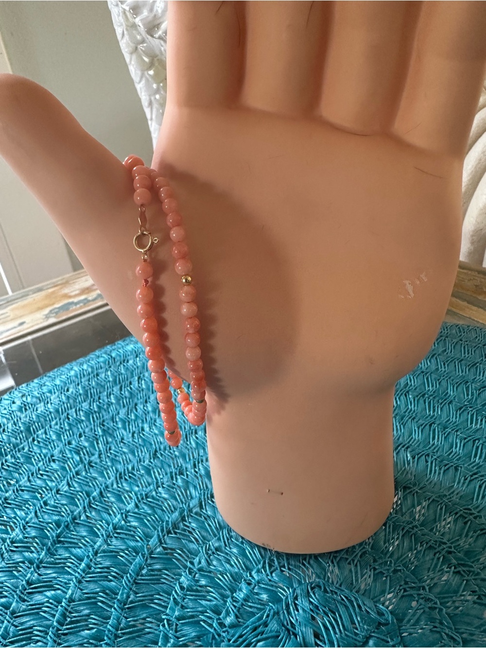 Two dainty Coral & 14kt gold Bead bracelets 8” - Picture 3 of 5